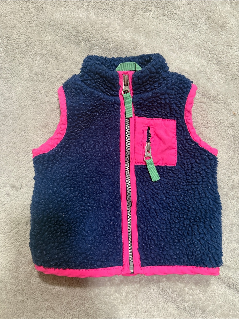 Navy and Pink Sherpa Vest with Contrast Zipper Pull